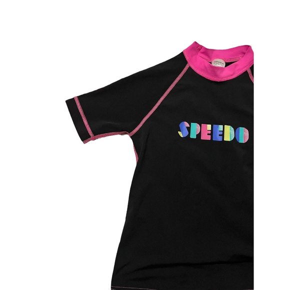 Speedo Girls Logo Short Sleeves Sun Top Black Pink Diamond Rashie Swim Sz 10 - Picture 4 of 9